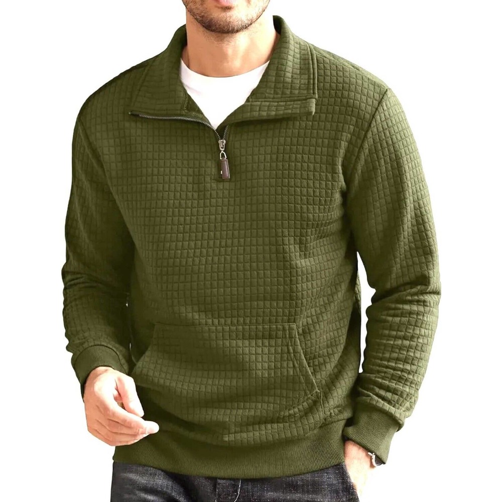COOFANDY Men's 1/4 Zip Sweatshirt Long Sleeve Solid Plaid Jacquard Pullover Lrg